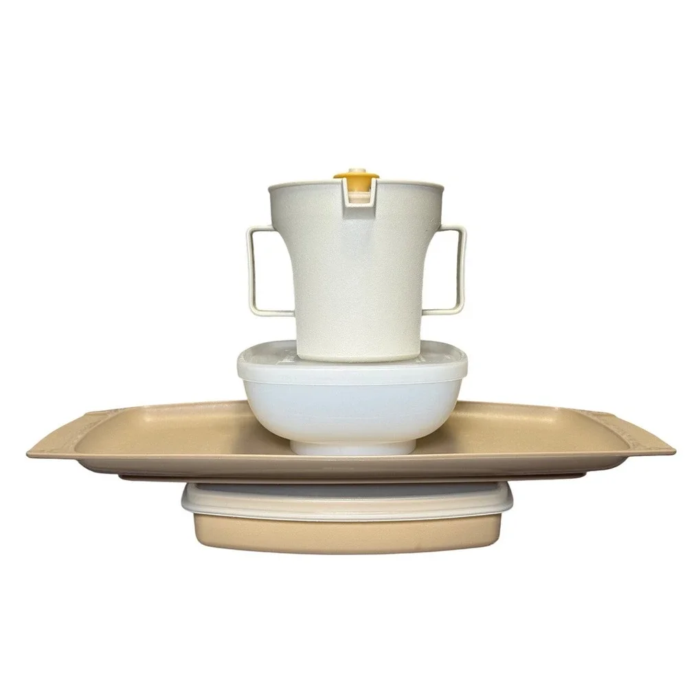 Vintage‎ Tupperware Tan Almond Yellow Lot Divided Tray Creamer Chip Dip w/ Lids